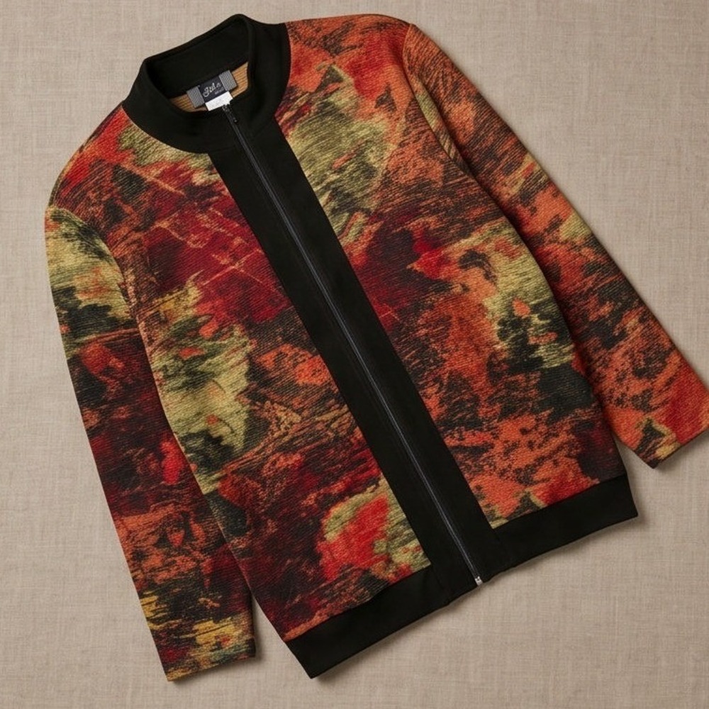 Slinky Brand 1X Vtg Abstract Textured Zip Up Jacket Red Green Black 1290F1J10